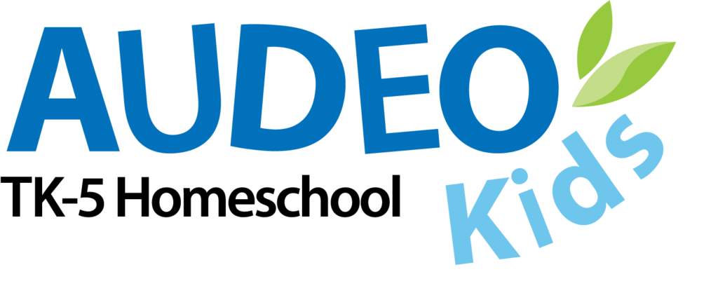 Audeo TK-5 Homeschool logo in medium blue and light blue with two green leaves to the right of the text block